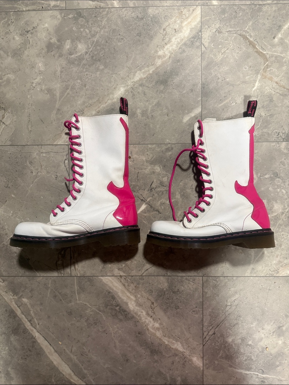 Dr. Martens White and Hot Pink Lace-Up Combat Boots